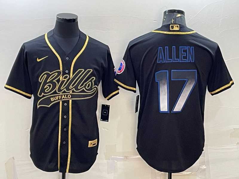 Men%27s Buffalo Bills #17 Josh Allen Black Gold Vapor Smoke With Patch Cool Base Stitched Baseball Jersey